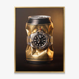 Weight In Gold crushed polished gold can with a two tone gold and steel watch canvas wall art in a gold floating frame