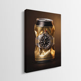 Weight In Gold crushed polished gold can with a two tone gold and steel watch canvas wall art side profile showing the gallery wrapped edge