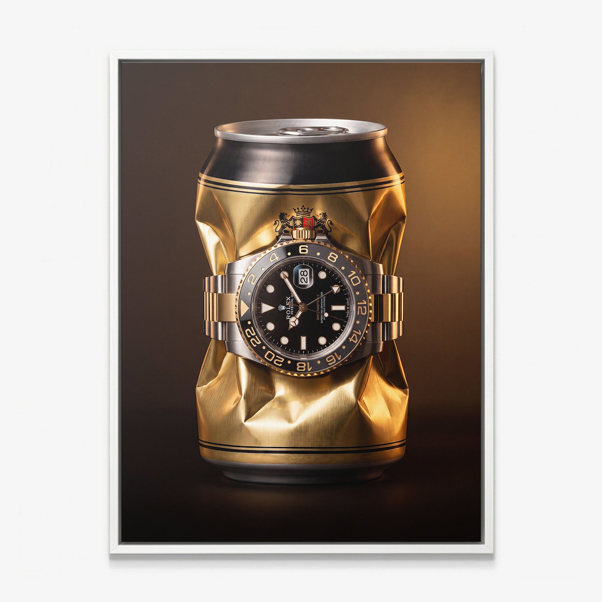 Weight In Gold crushed polished gold can with a two tone gold and steel watch canvas wall art in a white floating frame