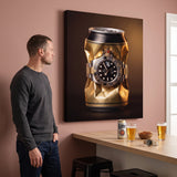 Weight In Gold crushed polished gold can with a two tone gold and steel watch canvas wall art in a home interior with a person viewing it