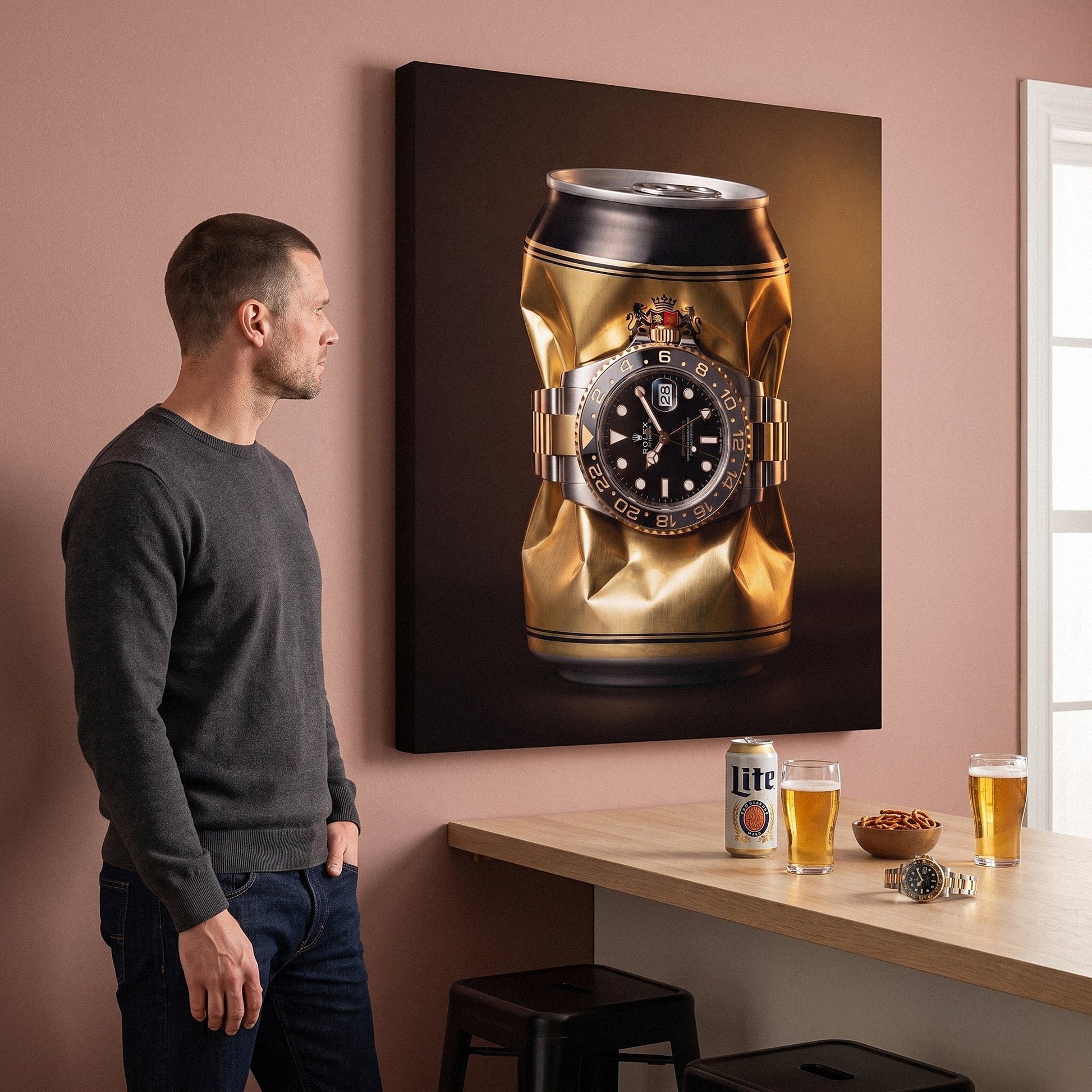 Weight In Gold crushed polished gold can with a two tone gold and steel watch canvas wall art in a home interior with a person viewing it