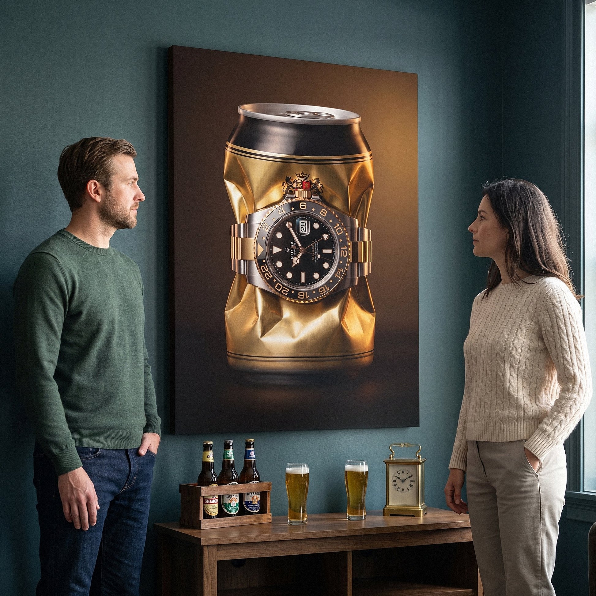 Weight In Gold crushed polished gold can with a two tone gold and steel watch canvas wall art on a wall with two people beside it