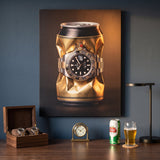 Weight In Gold crushed polished gold can with a two tone gold and steel watch canvas wall art hanging in a styled home interior