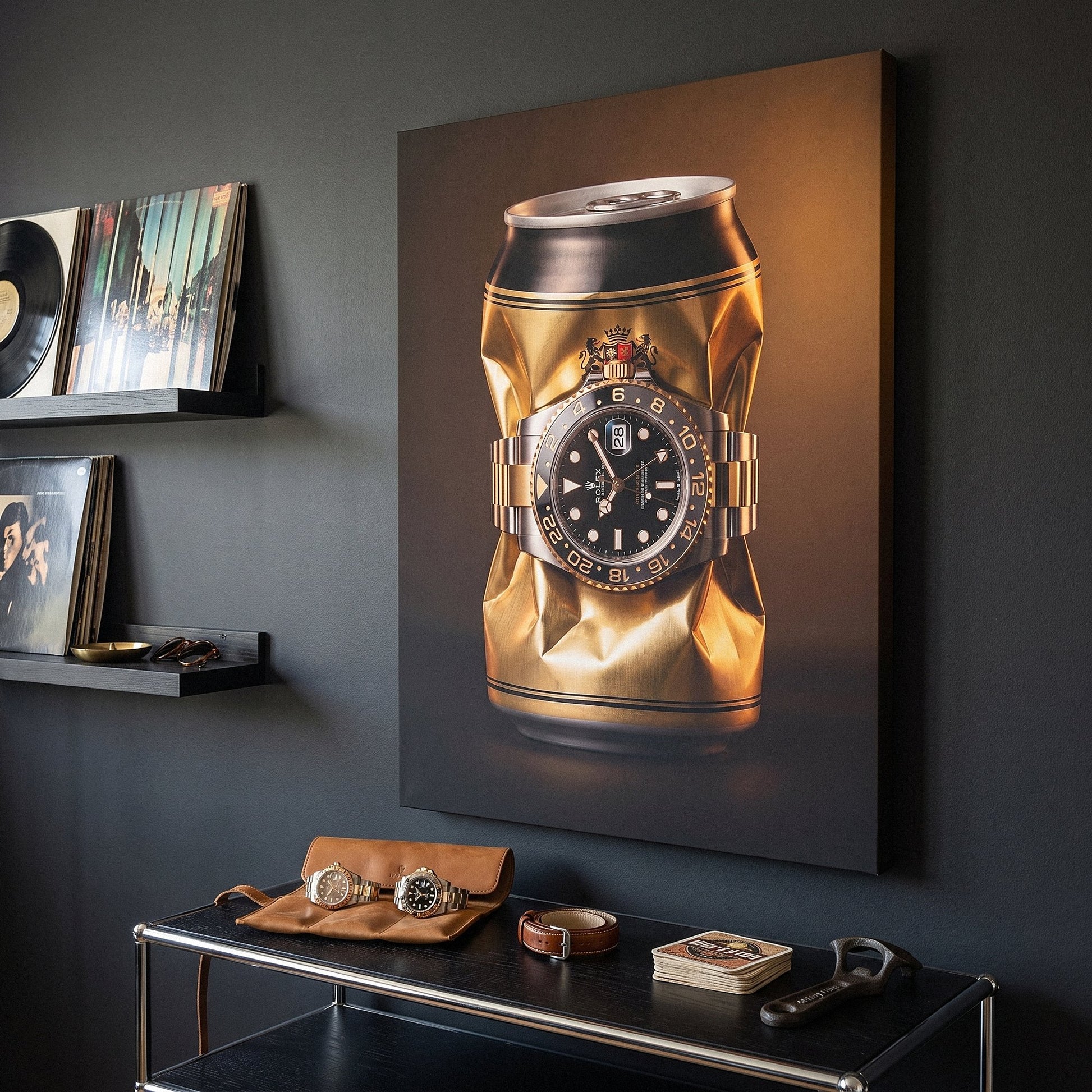 Weight In Gold crushed polished gold can with a two tone gold and steel watch canvas wall art seen from the side on a styled wall