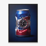 Well Spent crushed blue and red cola can with a steel watch canvas wall art in a black floating frame