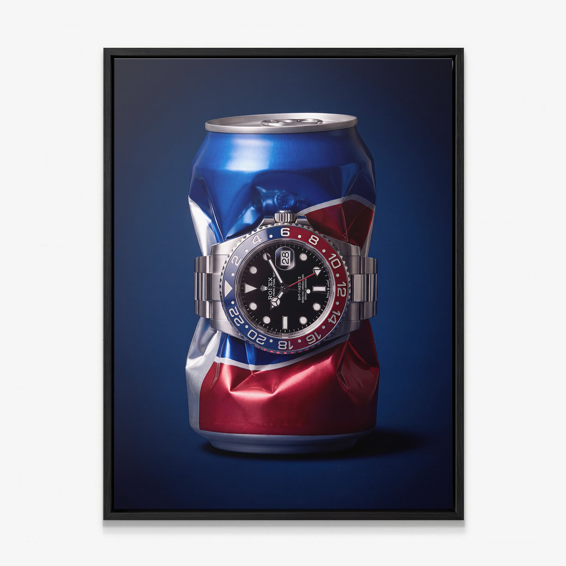 Well Spent crushed blue and red cola can with a steel watch canvas wall art in a black floating frame