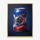 Well Spent crushed blue and red cola can with a steel watch canvas wall art in a gold floating frame