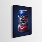 Well Spent crushed blue and red cola can with a steel watch canvas wall art side profile showing the gallery wrapped edge