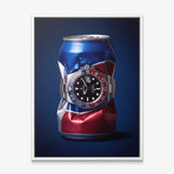 Well Spent crushed blue and red cola can with a steel watch canvas wall art in a white floating frame