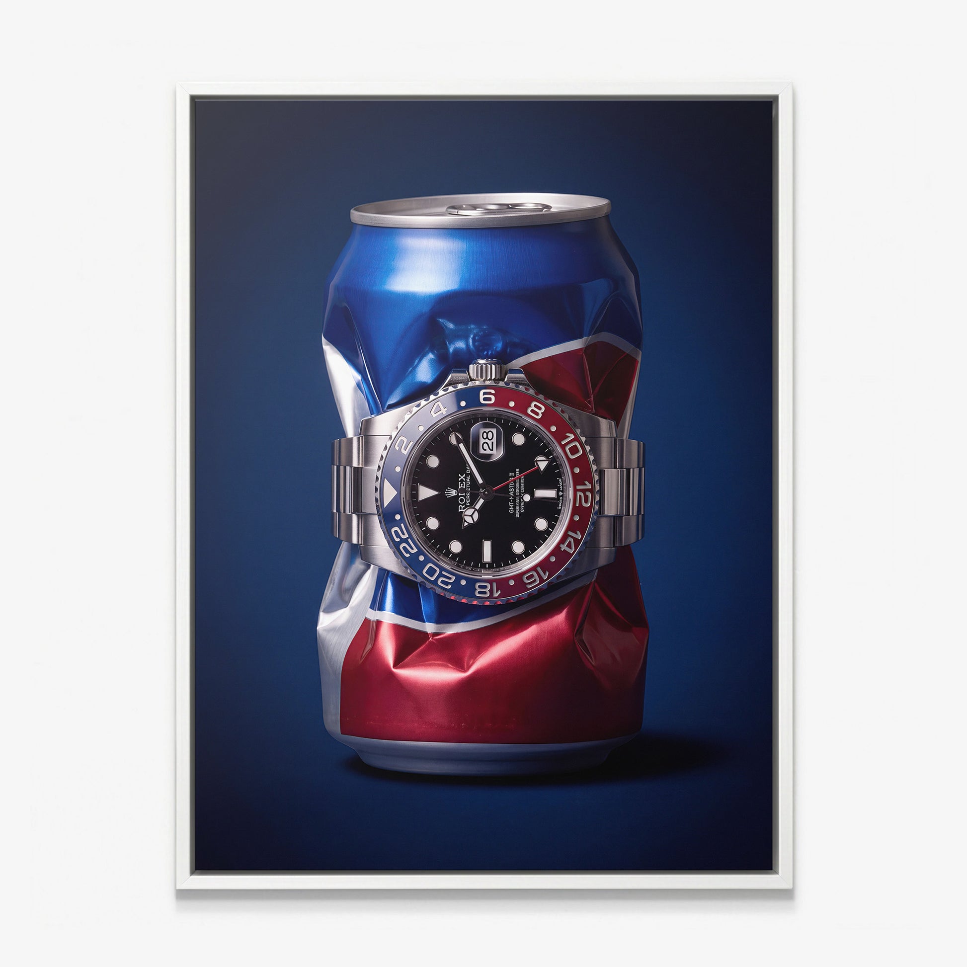 Well Spent crushed blue and red cola can with a steel watch canvas wall art in a white floating frame