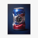 Well Spent crushed blue and red cola can with a steel watch canvas wall art