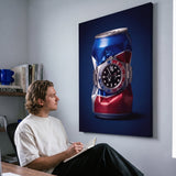 Well Spent crushed blue and red cola can with a steel watch canvas wall art in a home interior with a person viewing it