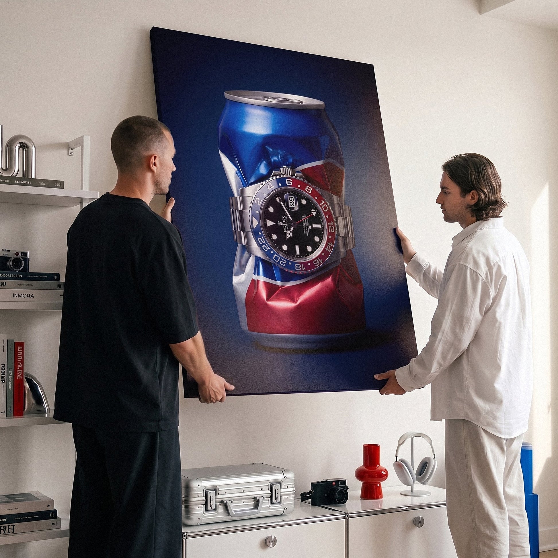 Well Spent crushed blue and red cola can with a steel watch canvas wall art on a wall with two people beside it