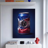Well Spent crushed blue and red cola can with a steel watch canvas wall art hanging in a styled home interior