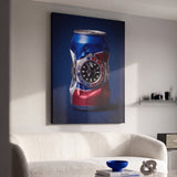 Well Spent crushed blue and red cola can with a steel watch canvas wall art seen from the side on a styled wall