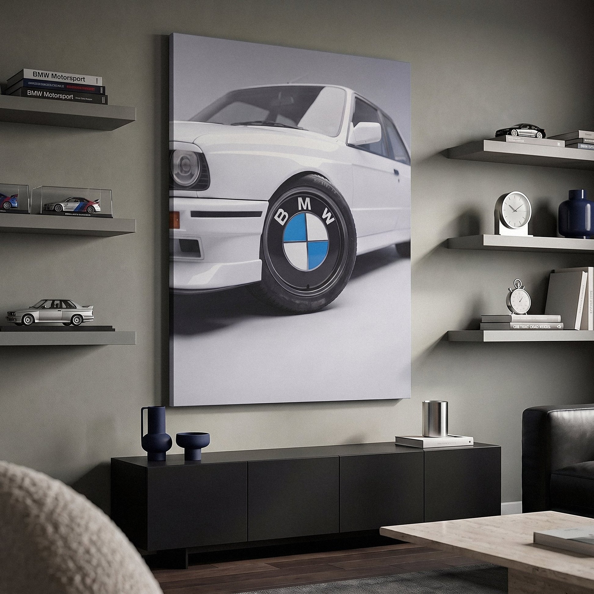 Wheels For Winners German motorsport racing wheel canvas wall art in a dark enthusiast den