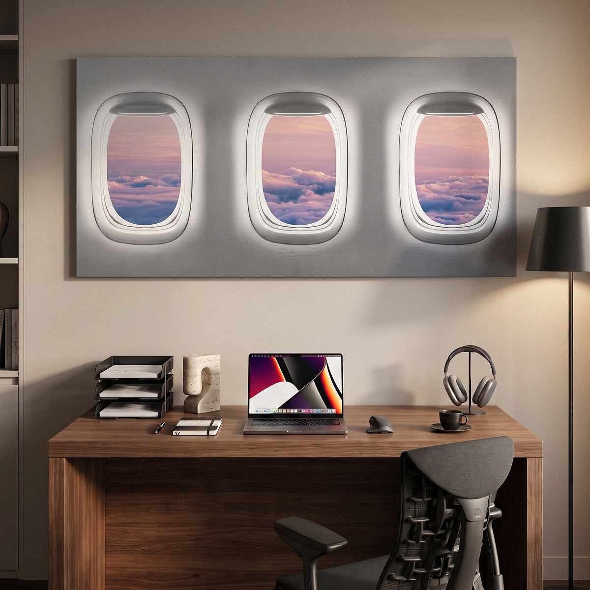 Window Seat Clouds Edition airplane window clouds canvas above a walnut desk in a home office
