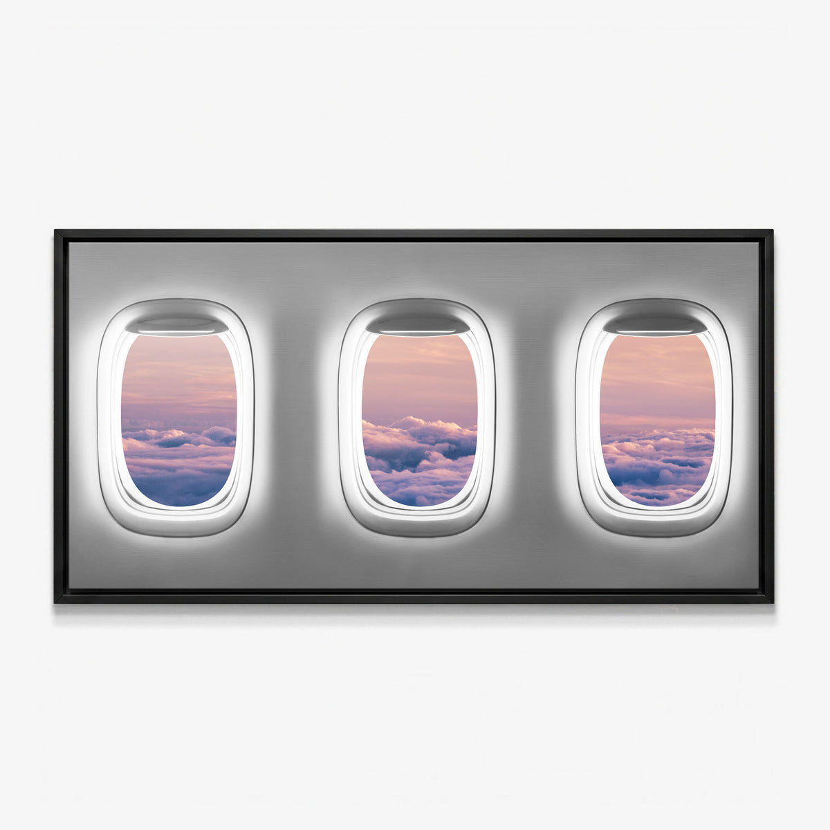 Window Seat Clouds Edition airplane window clouds canvas in a black floating frame