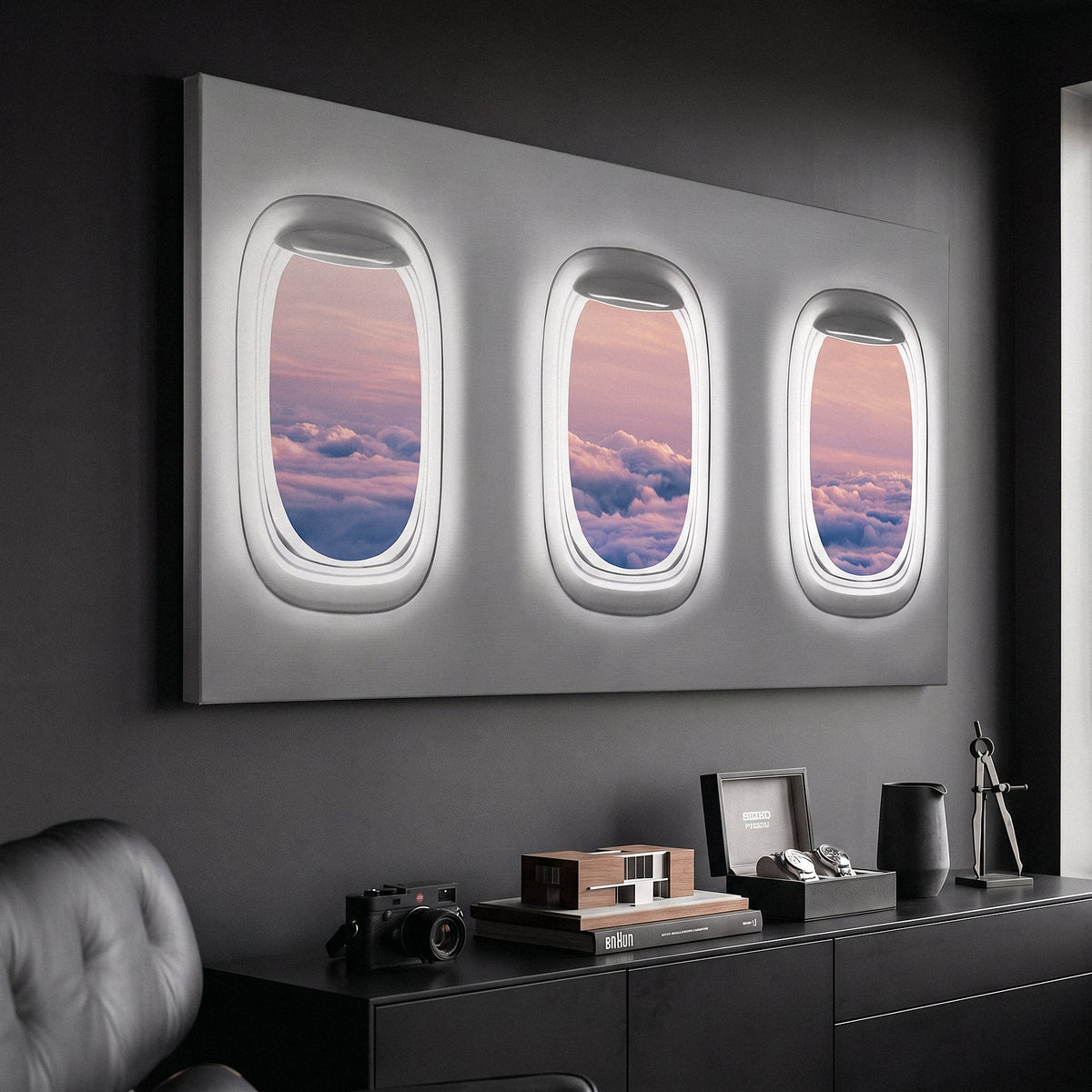 Window Seat Clouds Edition airplane window clouds canvas on a charcoal wall above a black sideboard