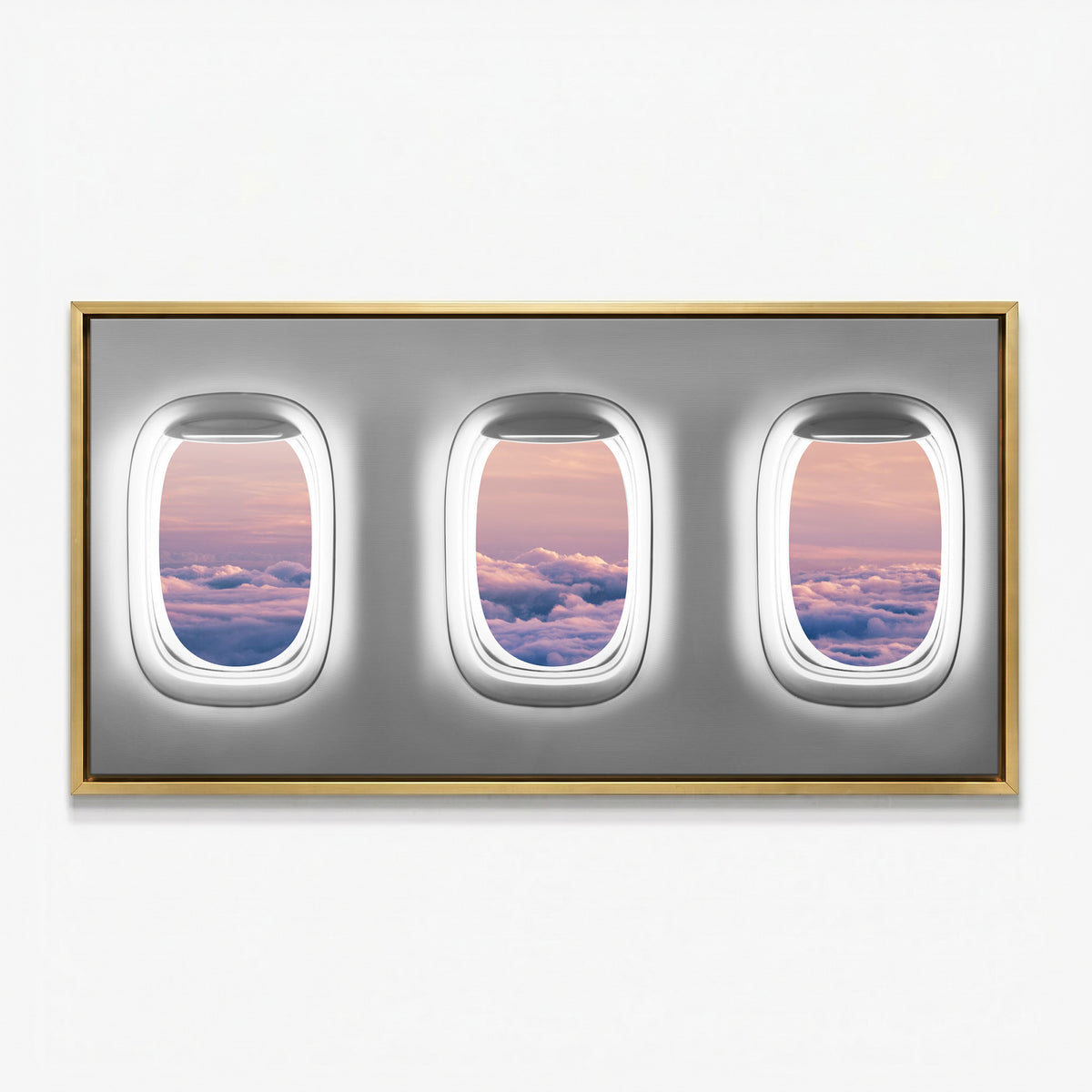 Window Seat Clouds Edition airplane window clouds canvas in a gold floating frame