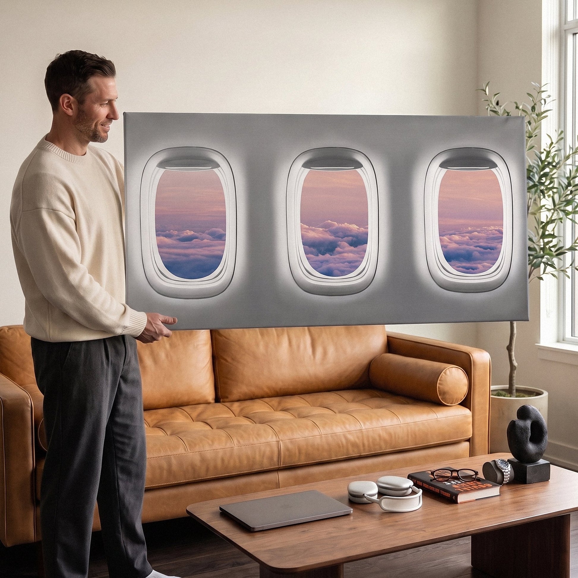 Man holding the Window Seat Clouds Edition airplane window clouds canvas in a living room