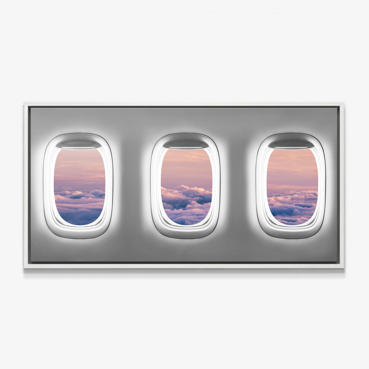 Window Seat Clouds Edition airplane window clouds canvas in a white floating frame