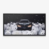 Wolves Of The Autobahn dark German coupe with an arctic wolf pack in the snow canvas wall art in a black floating frame