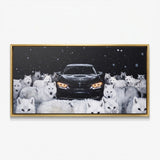 Wolves Of The Autobahn dark German coupe with an arctic wolf pack in the snow canvas wall art in a gold floating frame