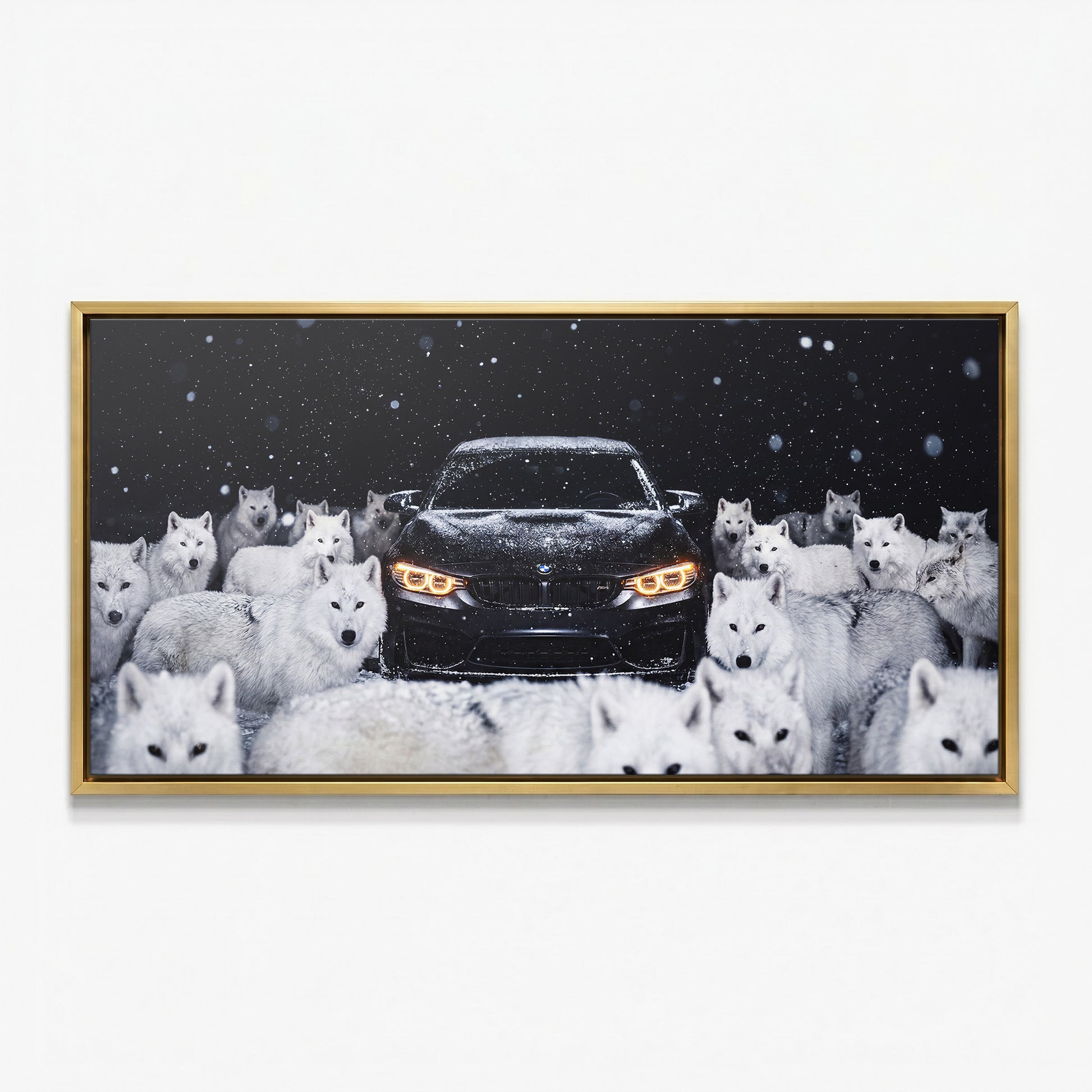 Wolves Of The Autobahn dark German coupe with an arctic wolf pack in the snow canvas wall art in a gold floating frame