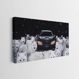 Wolves Of The Autobahn dark German coupe with an arctic wolf pack in the snow canvas wall art side profile