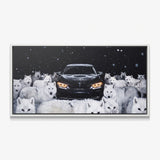 Wolves Of The Autobahn dark German coupe with an arctic wolf pack in the snow canvas wall art in a white floating frame