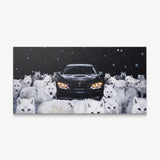 Wolves Of The Autobahn dark German coupe with an arctic wolf pack in the snow canvas wall art
