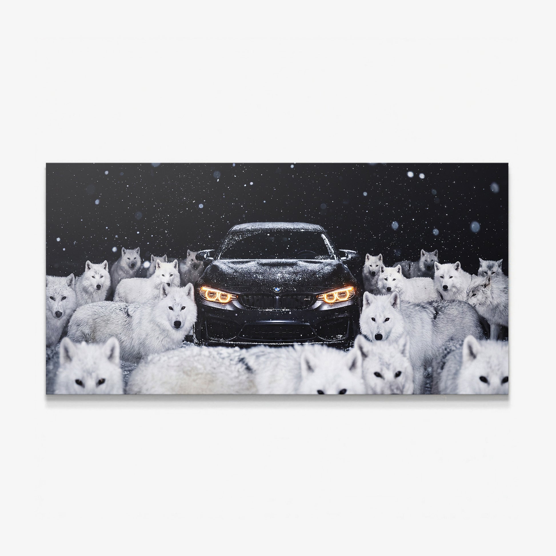Wolves Of The Autobahn dark German coupe with an arctic wolf pack in the snow canvas wall art