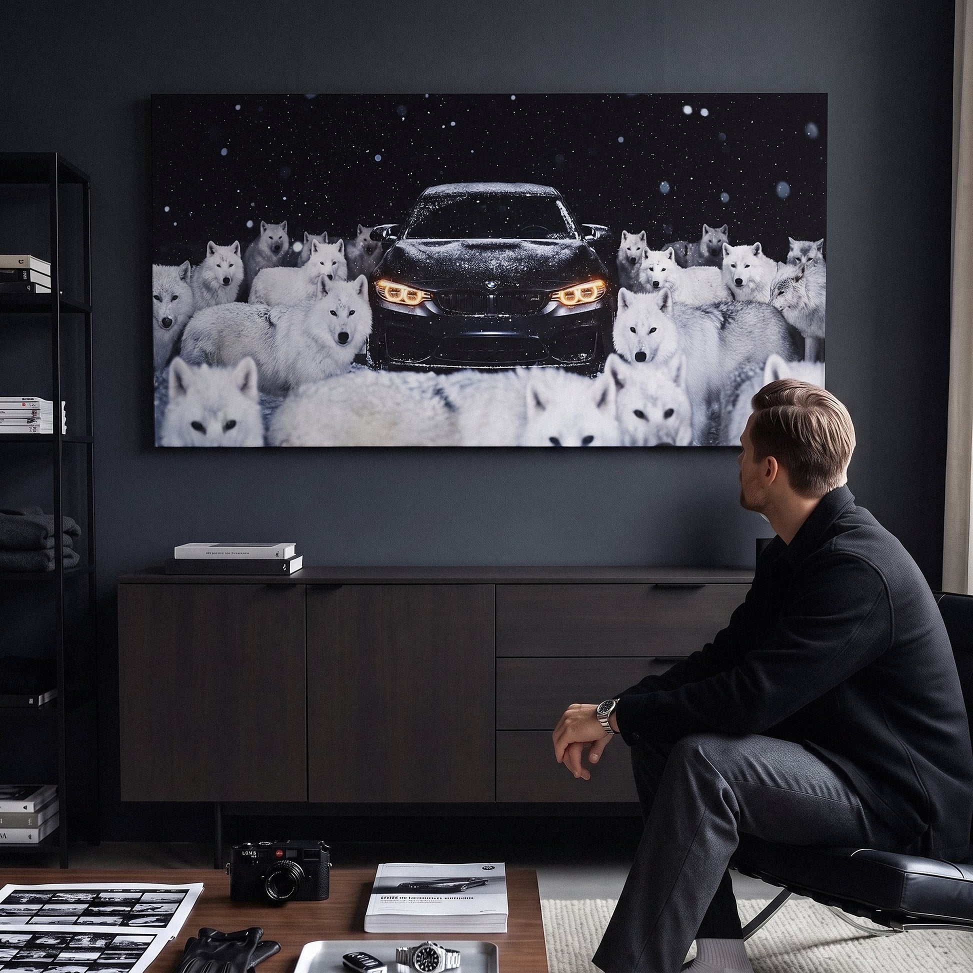 Wolves Of The Autobahn dark German coupe with an arctic wolf pack in the snow canvas wall art in a styled study
