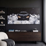 Wolves Of The Autobahn dark German coupe with an arctic wolf pack in the snow canvas wall art in a modern home office