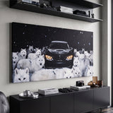 Wolves Of The Autobahn dark German coupe with an arctic wolf pack in the snow canvas wall art in a dark enthusiast den