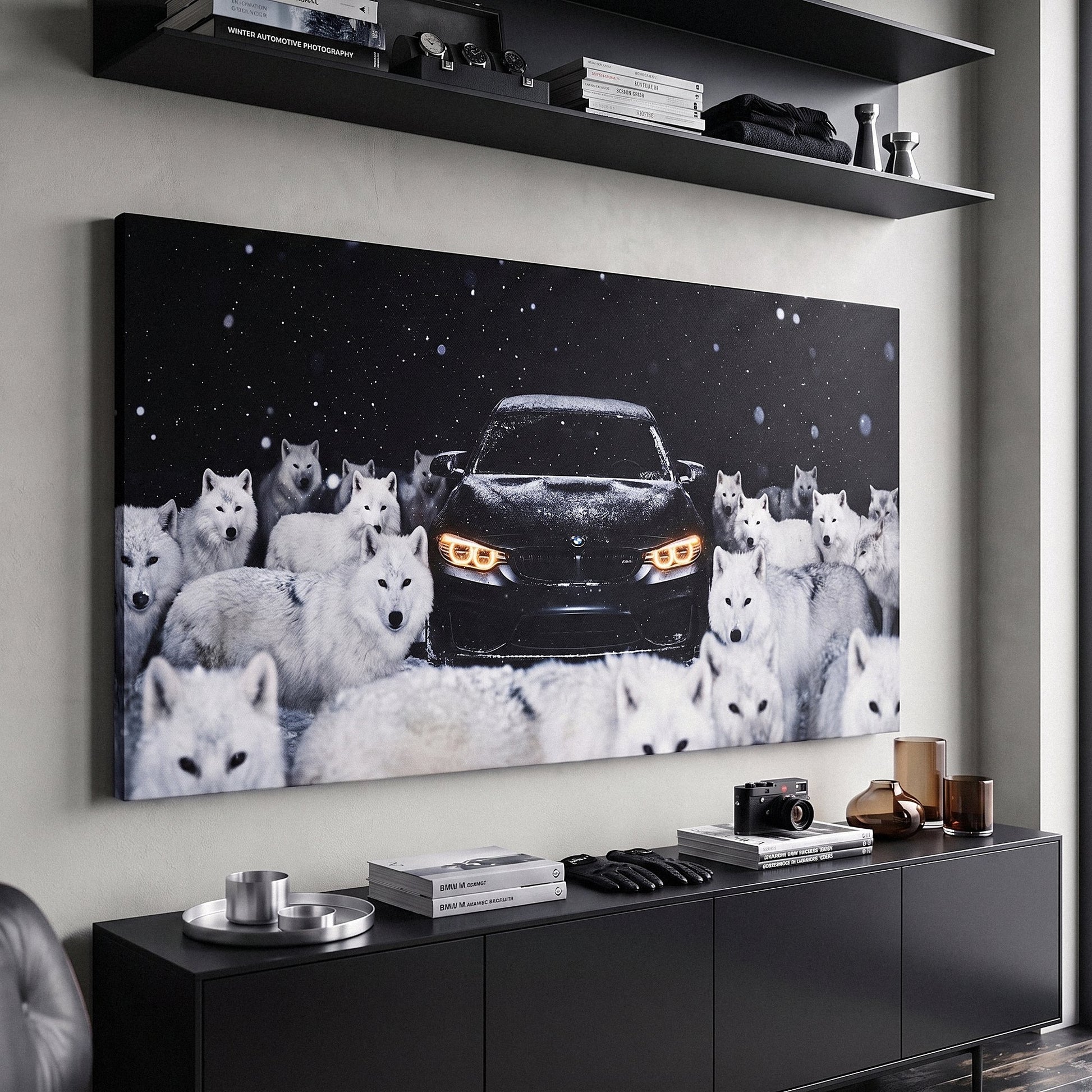 Wolves Of The Autobahn dark German coupe with an arctic wolf pack in the snow canvas wall art in a dark enthusiast den