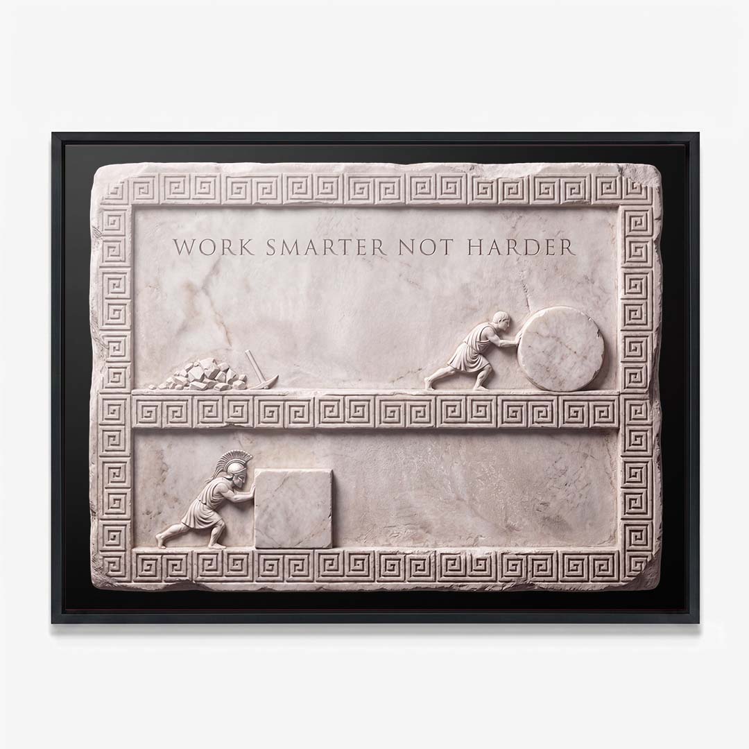 Work Smarter Not Harder marble canvas in a black floating frame