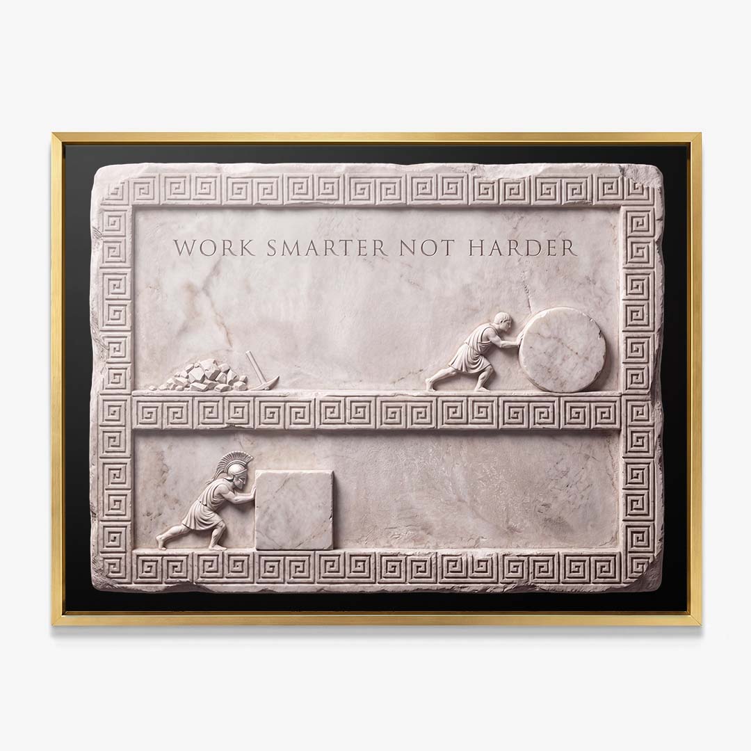 Work Smarter Not Harder marble canvas in a gold floating frame