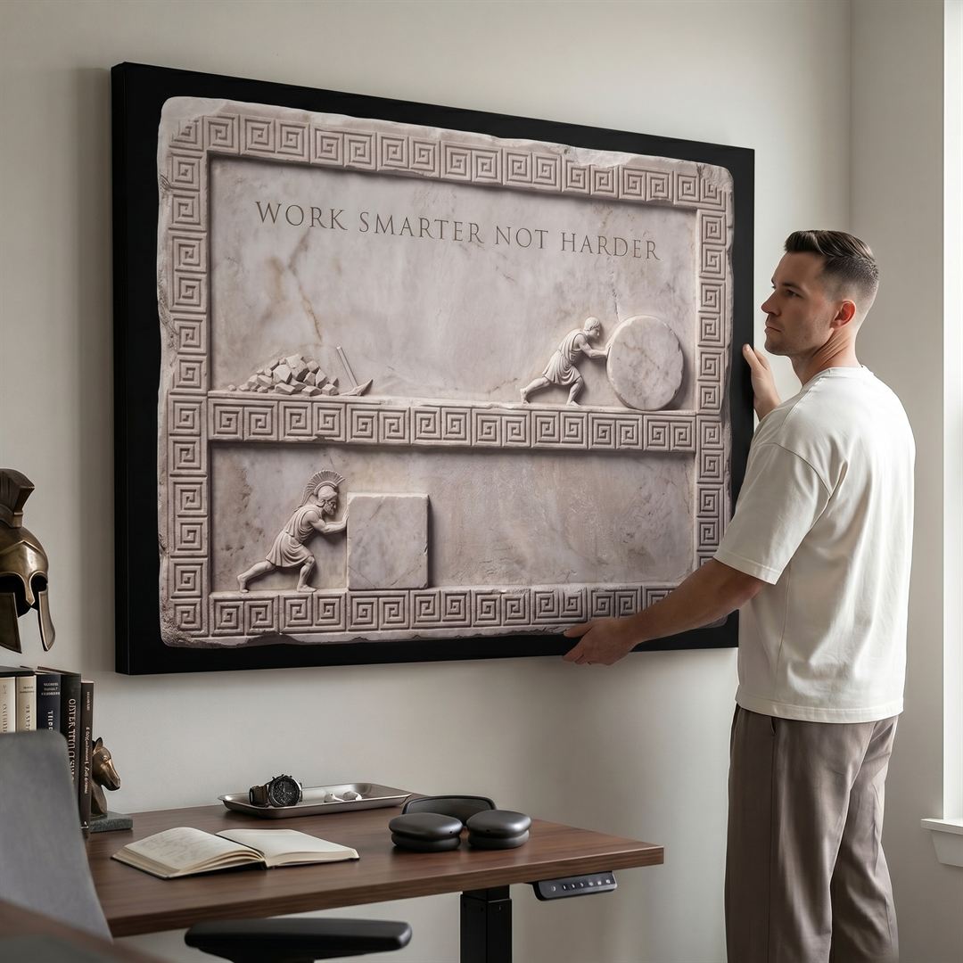 Man hanging the Work Smarter Not Harder marble canvas in a modern home office