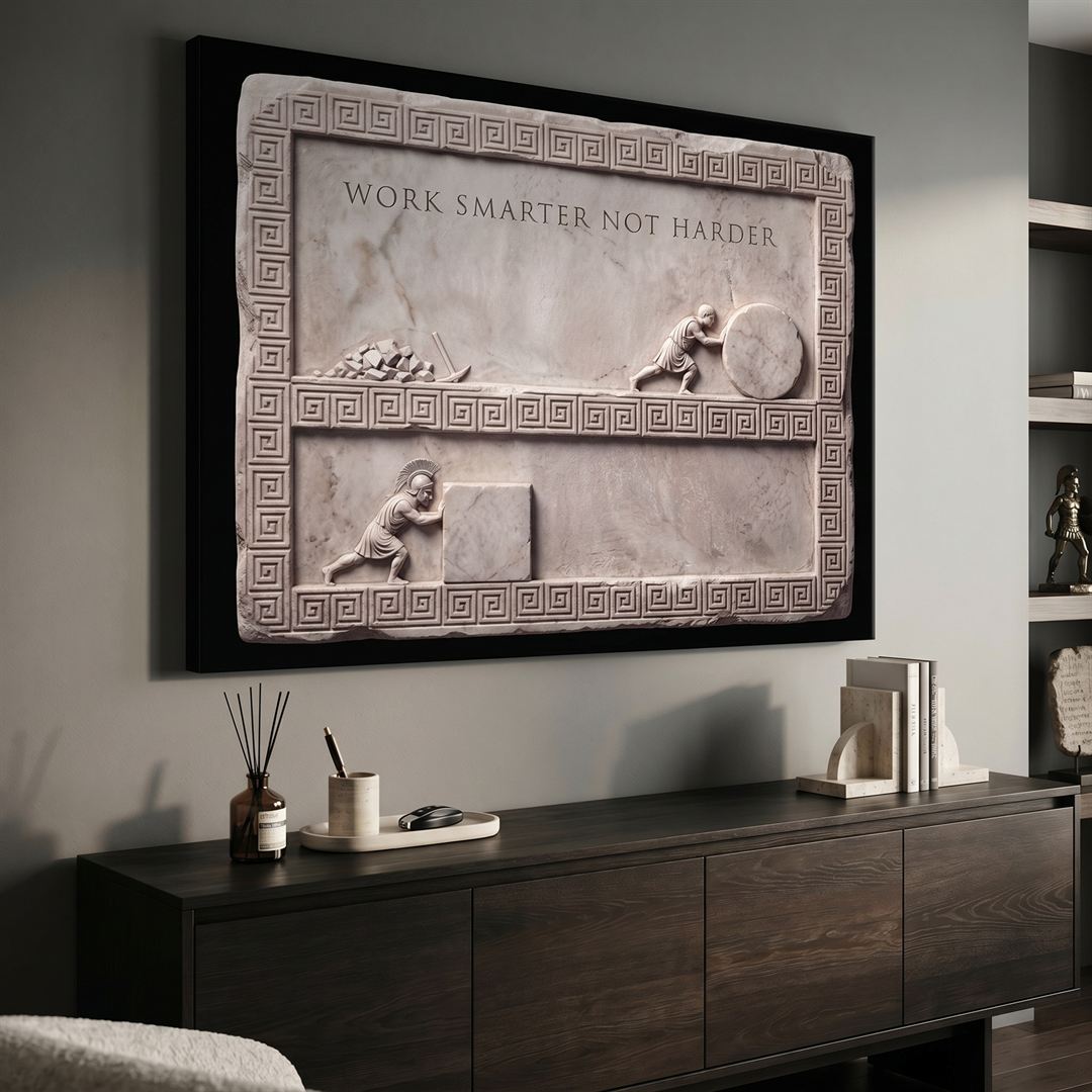 Work Smarter Not Harder marble canvas above a dark oak credenza in a modern living room