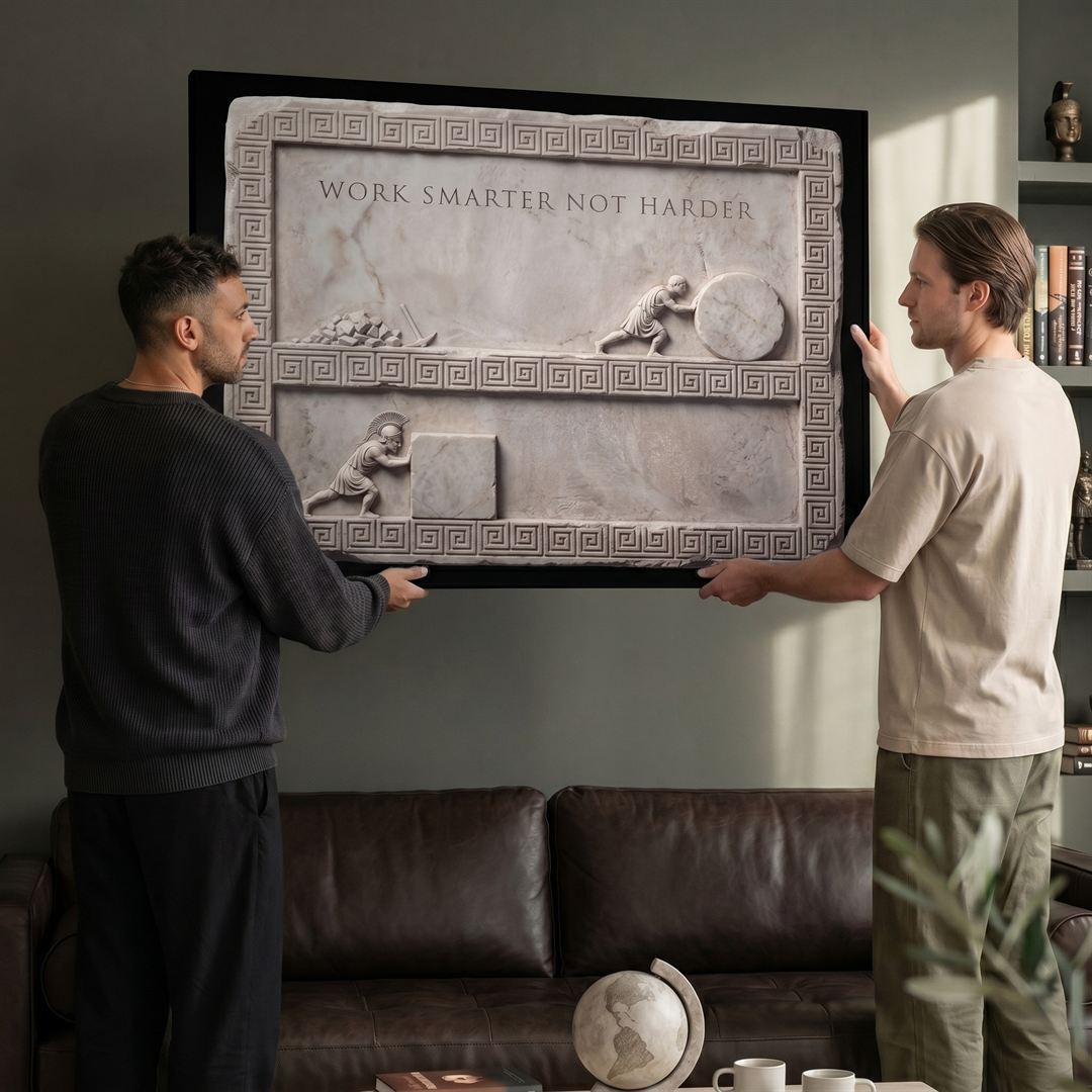 Two men hanging the Work Smarter Not Harder marble canvas in a modern lounge