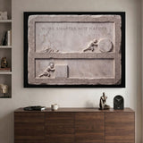 Work Smarter Not Harder marble quote canvas on a greige wall above a walnut credenza in a modern study