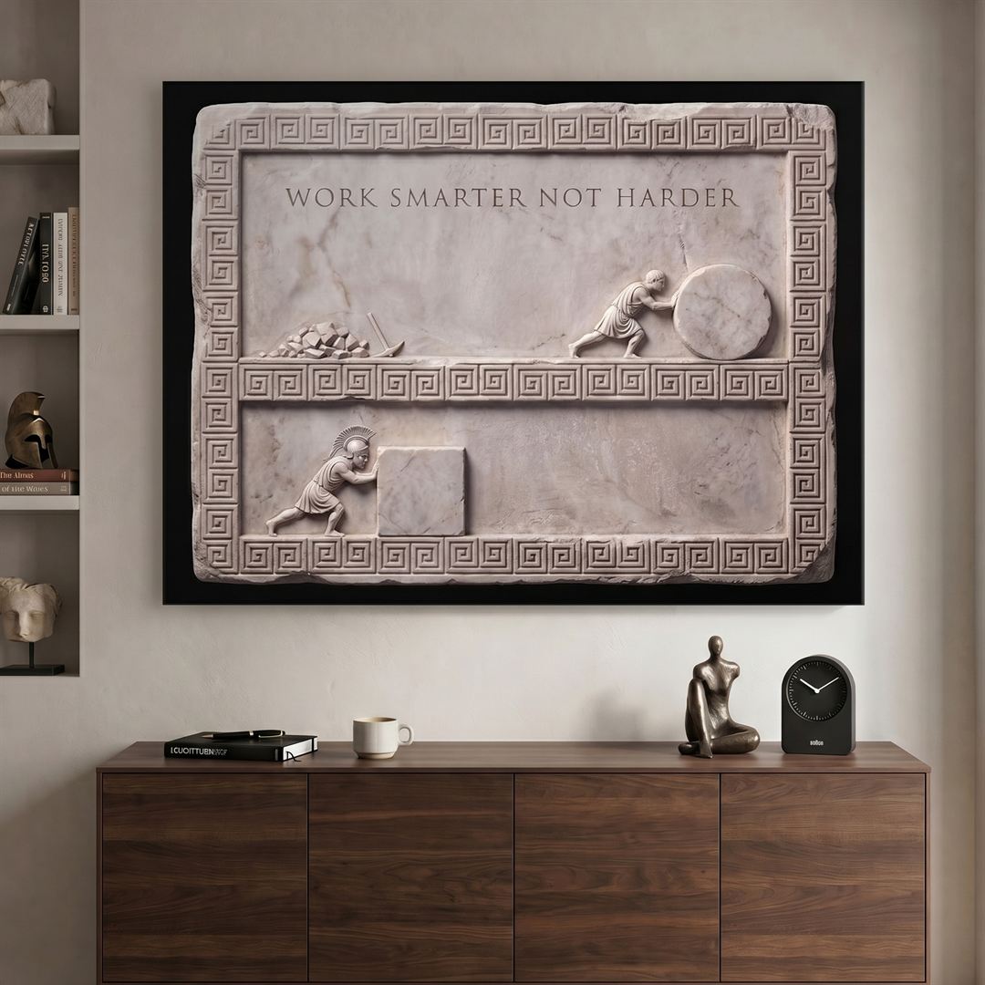 Work Smarter Not Harder marble quote canvas on a greige wall above a walnut credenza in a modern study