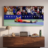 Worth Everything tennis wall art canvas above a console table in a bright modern hallway