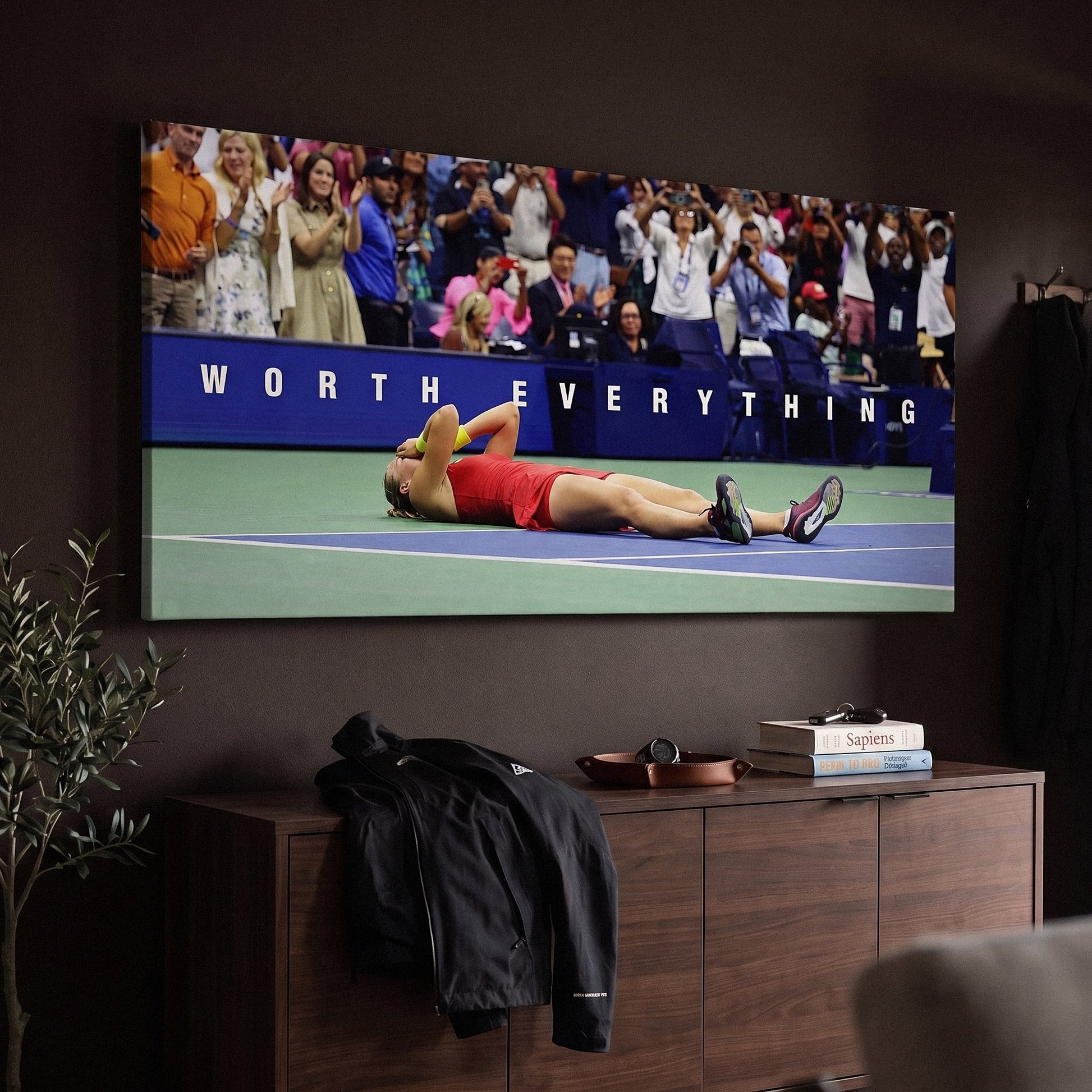 Worth Everything tennis canvas print on a living room wall at a gentle angle showing the gallery-wrapped edge