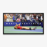Worth Everything tennis canvas print in a black floating frame