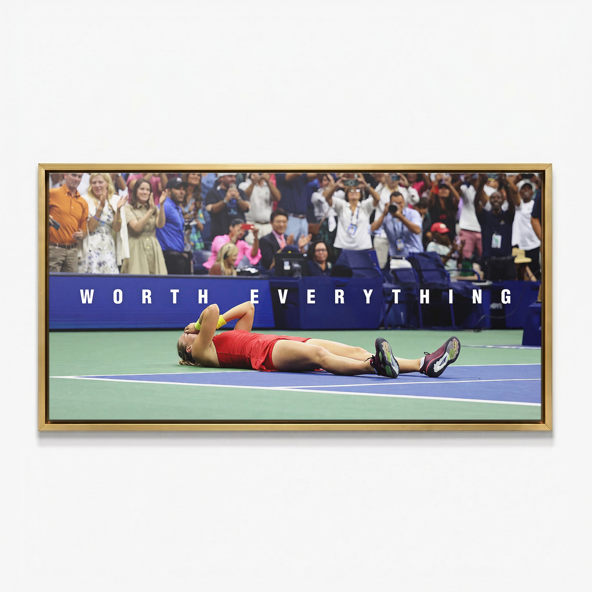 Worth Everything tennis canvas print in a gold floating frame