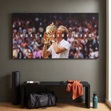 Worth Everything Trophy tennis wall art canvas above a console table in a bright modern hallway