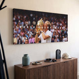 Worth Everything Trophy tennis canvas print on a living room wall at a gentle angle showing the gallery-wrapped edge